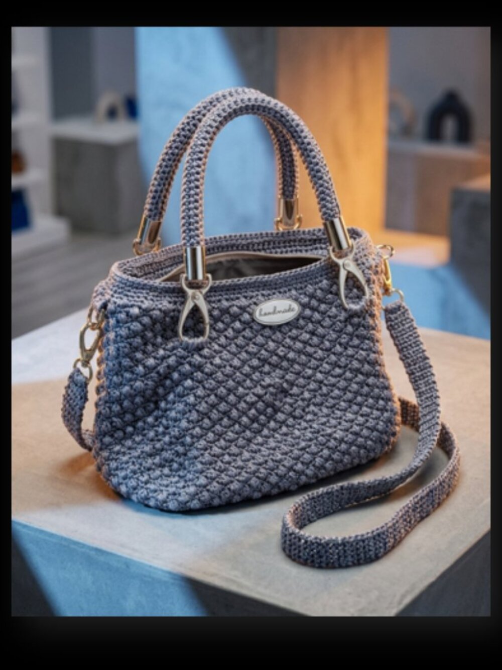 Unique Hand-Crocheted Shoulder Bag-Gray